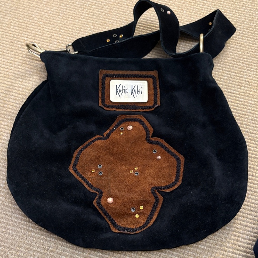 Katie Kelsie Black Suede and Brown Embellished Shoulder Bag Original Made in USA